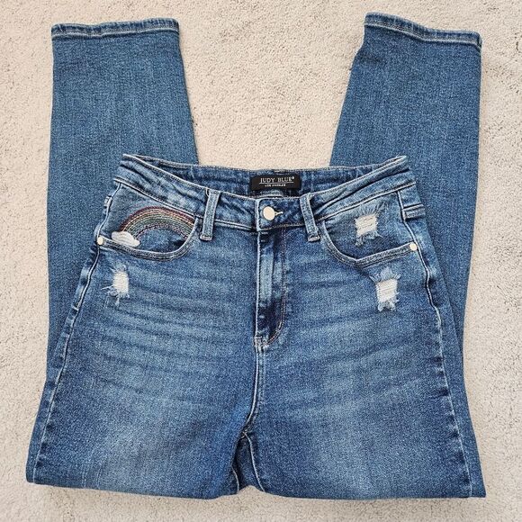 Judy Blue | Rainbow Embroidered Straight Leg High Rise Denim Jeans, Womens 30 - Picture 3 of 9